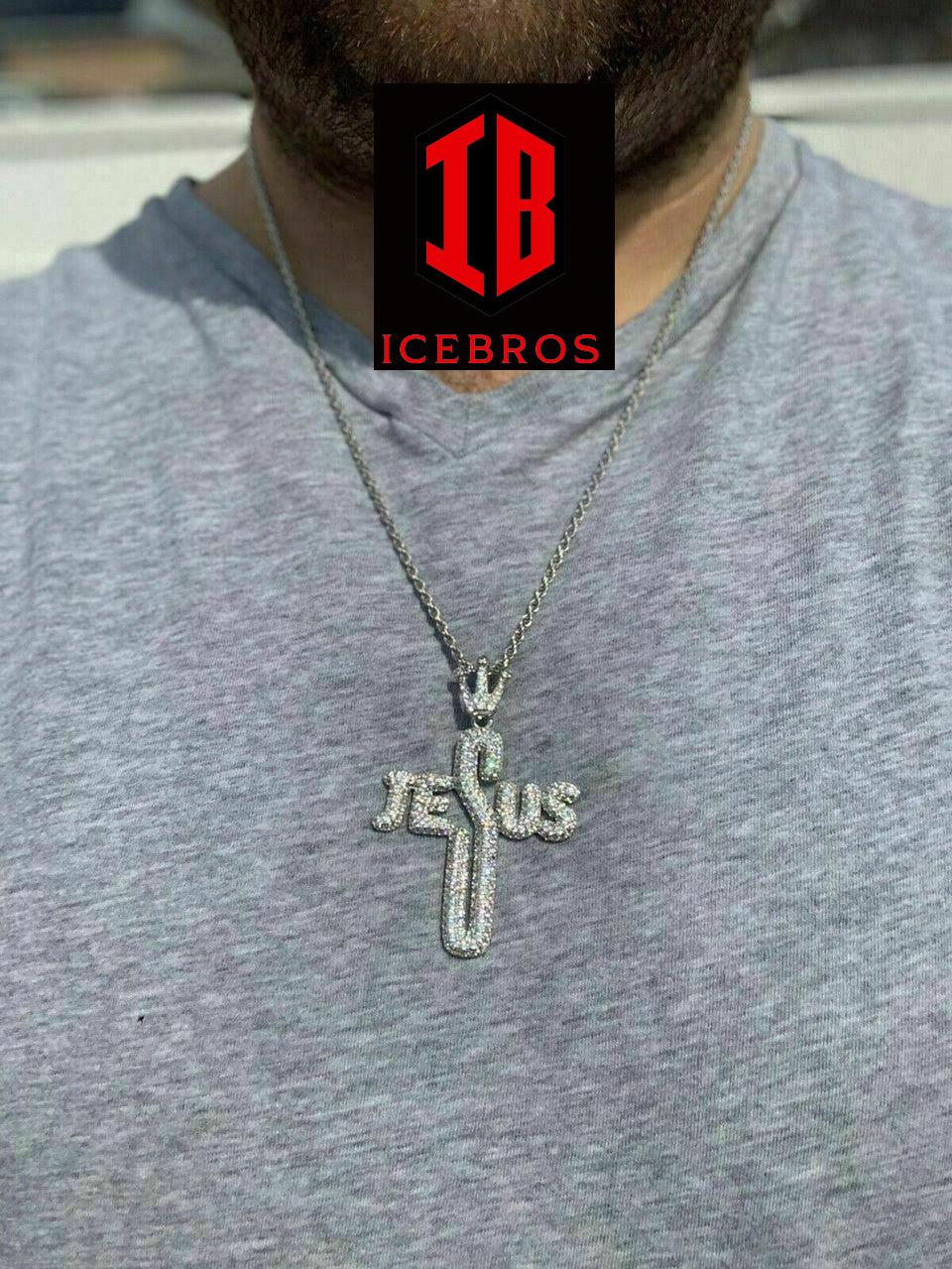 Men's 925 Silver Large Cross Crown Jesus Word Piece Pendant Real Bubble Letters (CZ)