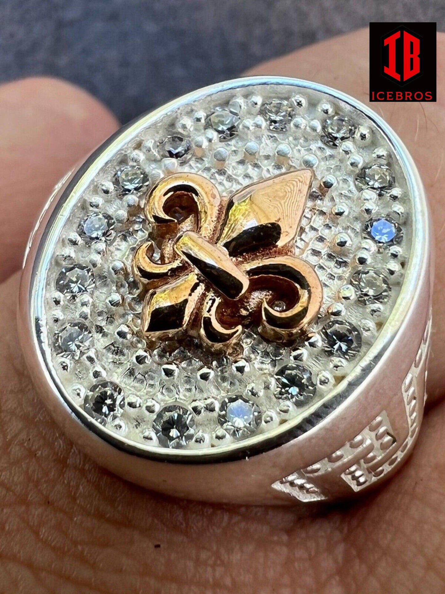 925 Sterling Silver 14k Gold Plated Iced CZ Ring Hip Hop French Fleur De Lis (CZ)