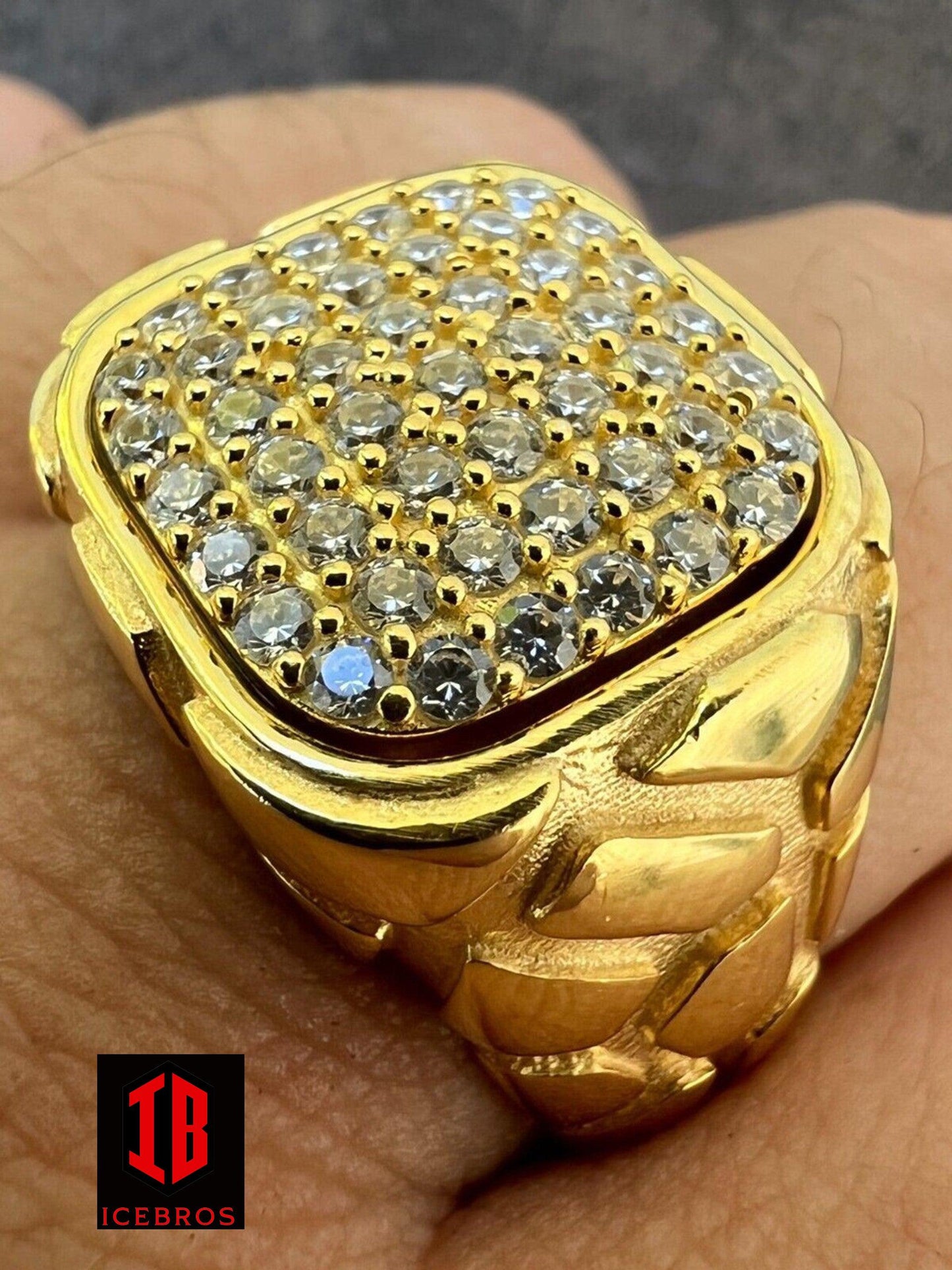 Nugget Ring Mens Real Solid 14K Gold Plated 925 Silver Iced CZ Pinky Hip Hop (CZ)