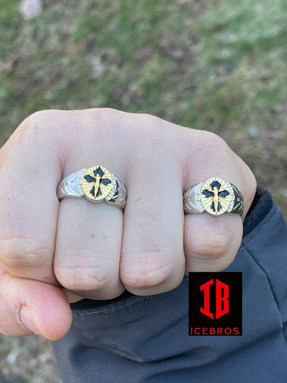 Mens 14k Gold Over Real Solid 925 Sterling Silver Enamel Jesus Christ Cross Ring Pinky (CZ)