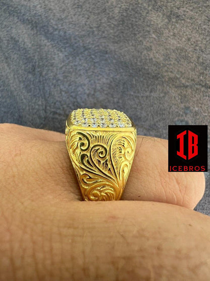 Men's Pure Solid 925 14k Gold Plated Iced CZ Ring Hip Hop Size Square (CZ)