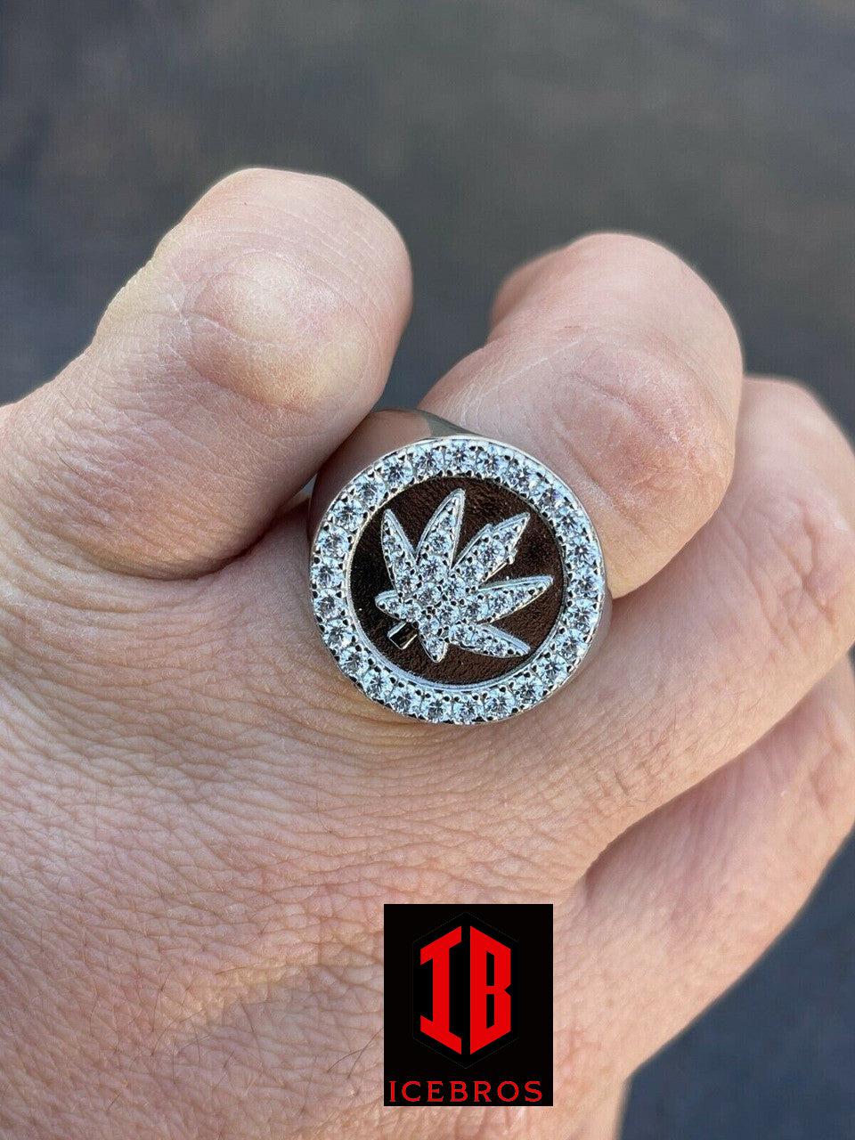 14k Gold & Solid 925 Sterling Silver Iced Weed Marijuana Leaf Ring Flooded Out (CZ)