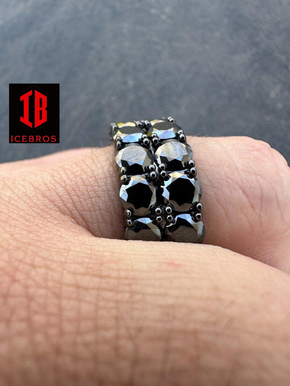 Black Moissanite Ring Real 925 Silver Oxidized Rhodium Diamond Iced Tennis Band