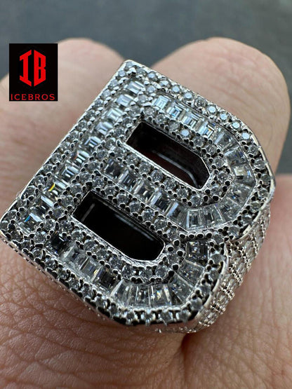 Alphabet MOISSANITE Large Initial Letter Ring Iced Baguette Hip Hop 925 Silver A-Z (6-7)