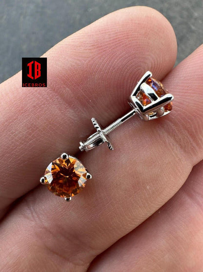 Fire Orange Moissanite Screw backs Stud Earrings 925 Silver 3-8mm Iced Pass Tester