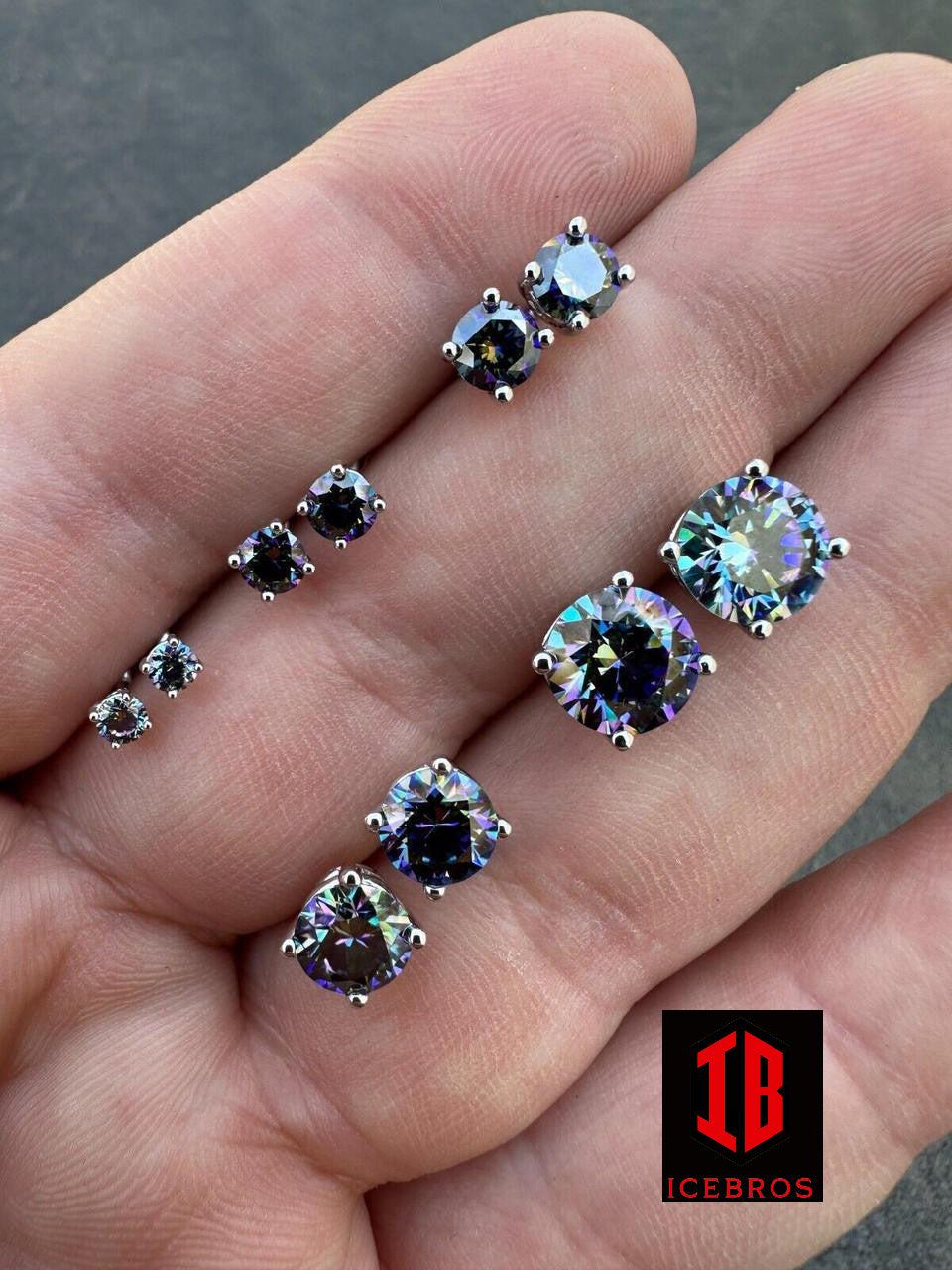 Navy Blue Moissanite Screw back Stud Earrings 925 Silver 3-8mm Iced