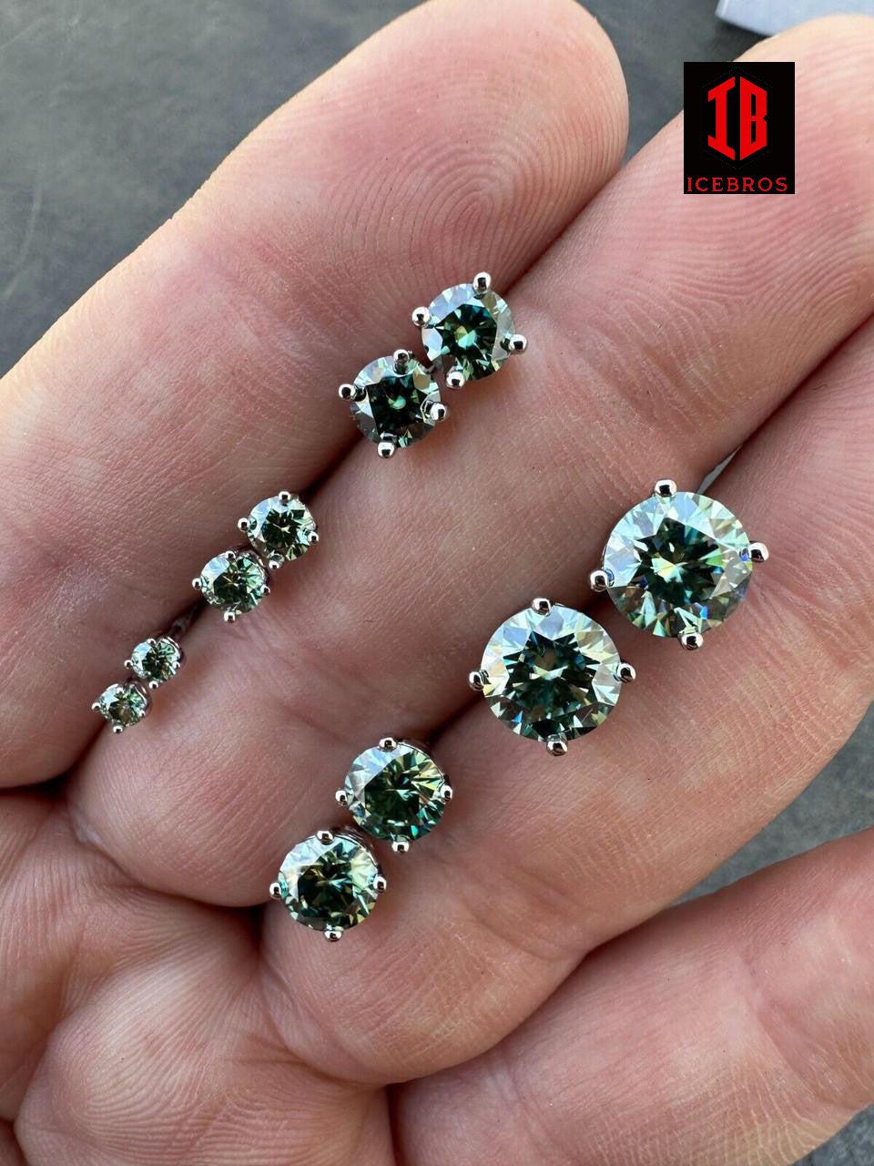 Green Hulk Moissanite Screw back Stud Earrings 925 Silver 3-8mm Iced Passes Tester