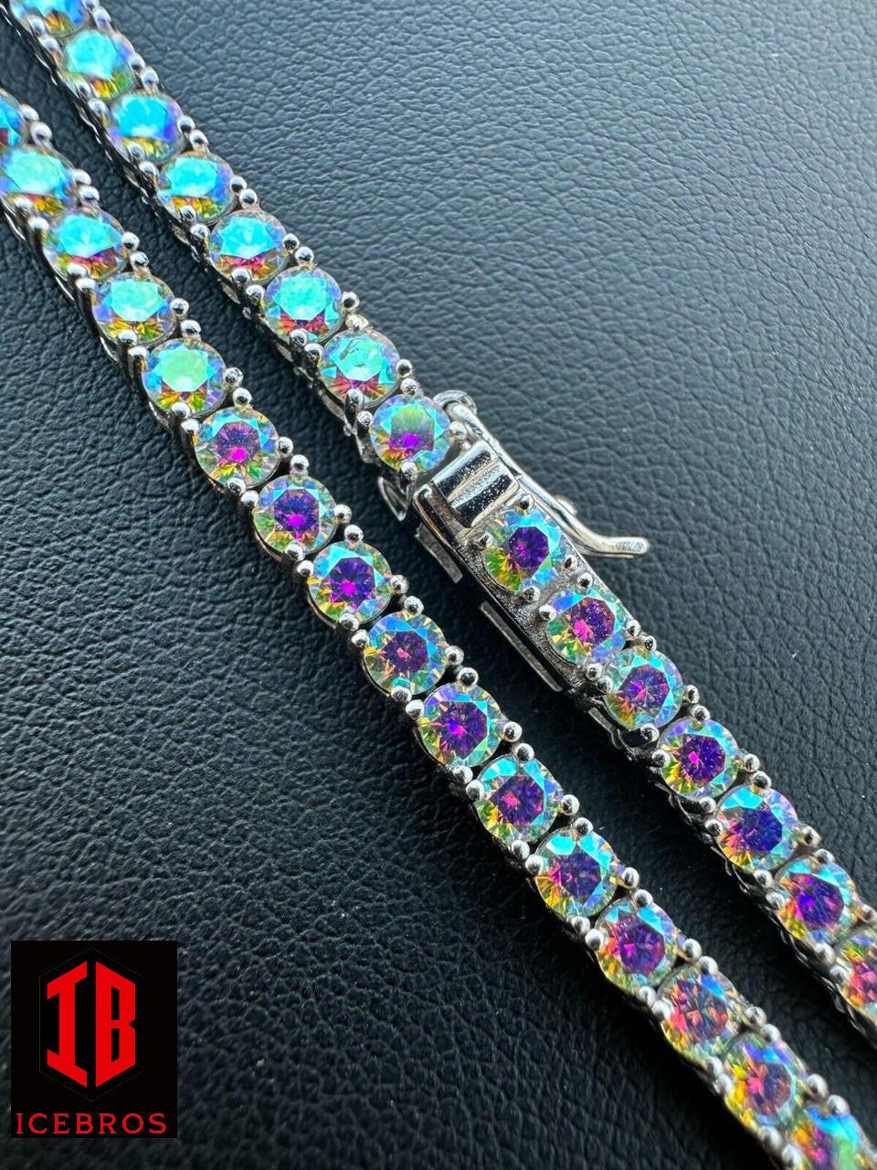 Purple Opal Rainbow MOISSANITE 3mm Tennis Chain 925 Silver Iced Necklace Passes Testa