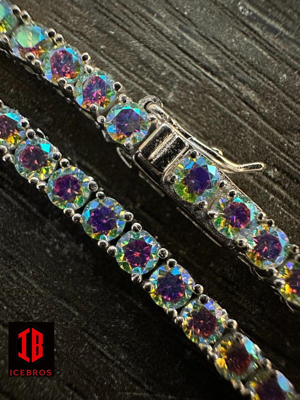 Purple Opal Rainbow MOISSANITE 3mm Tennis Chain 925 Silver Iced Necklace Passes Testa