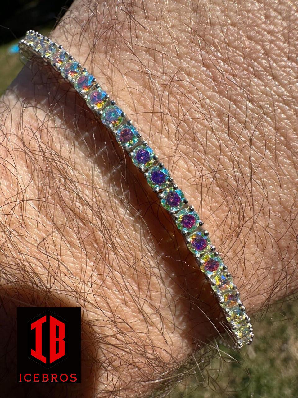 Purple Iced Opal Rainbow MOISSANITE 3mm Tennis Bracelet 925 Silver Diamond Tester