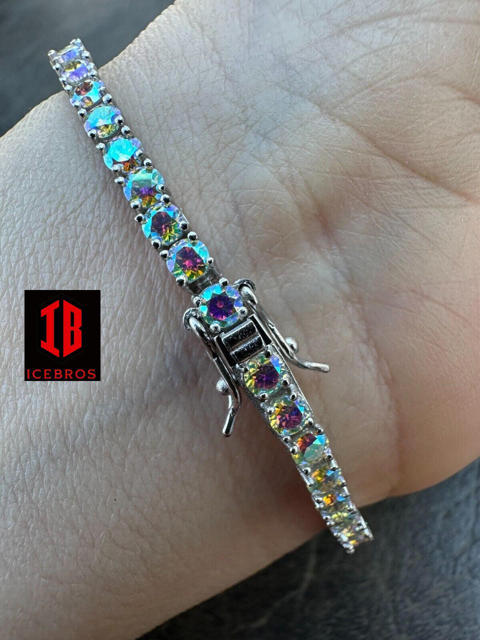 Purple Iced Opal Rainbow MOISSANITE 3mm Tennis Bracelet 925 Silver Diamond Tester