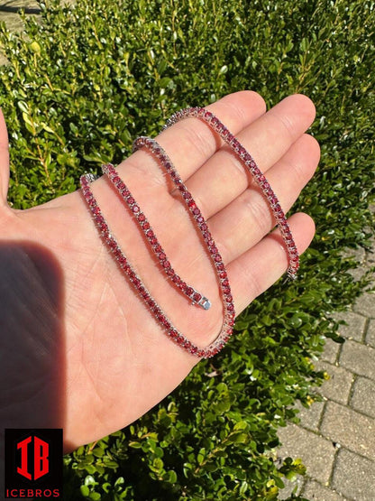 Ruby Red MOISSANITE 3mm Tennis Chain 925 Silver Iced Necklace Pass Test (3mm-5mm)