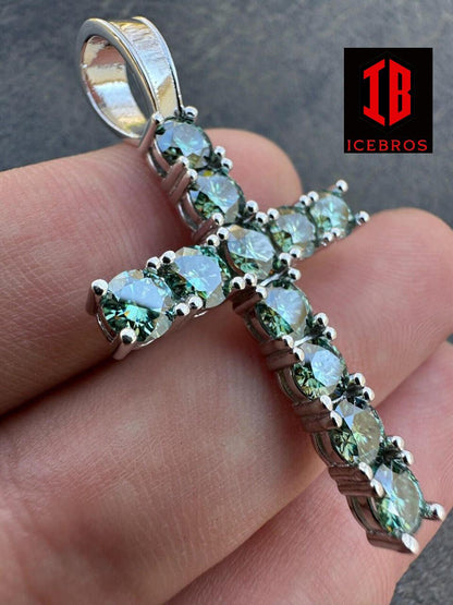 Green MOISSANITE 925 Sterling Silver Iced Cross Charm Vermeil