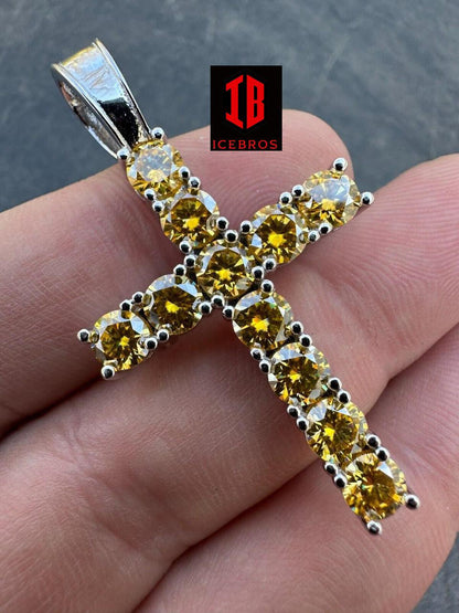 Yellow Canary MOISSANITE Fine 925 Silver Cross Iced Pendant Necklace icebros