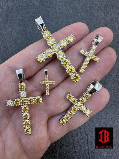 Yellow Canary MOISSANITE Fine 925 Silver Cross Iced Pendant Necklace icebros