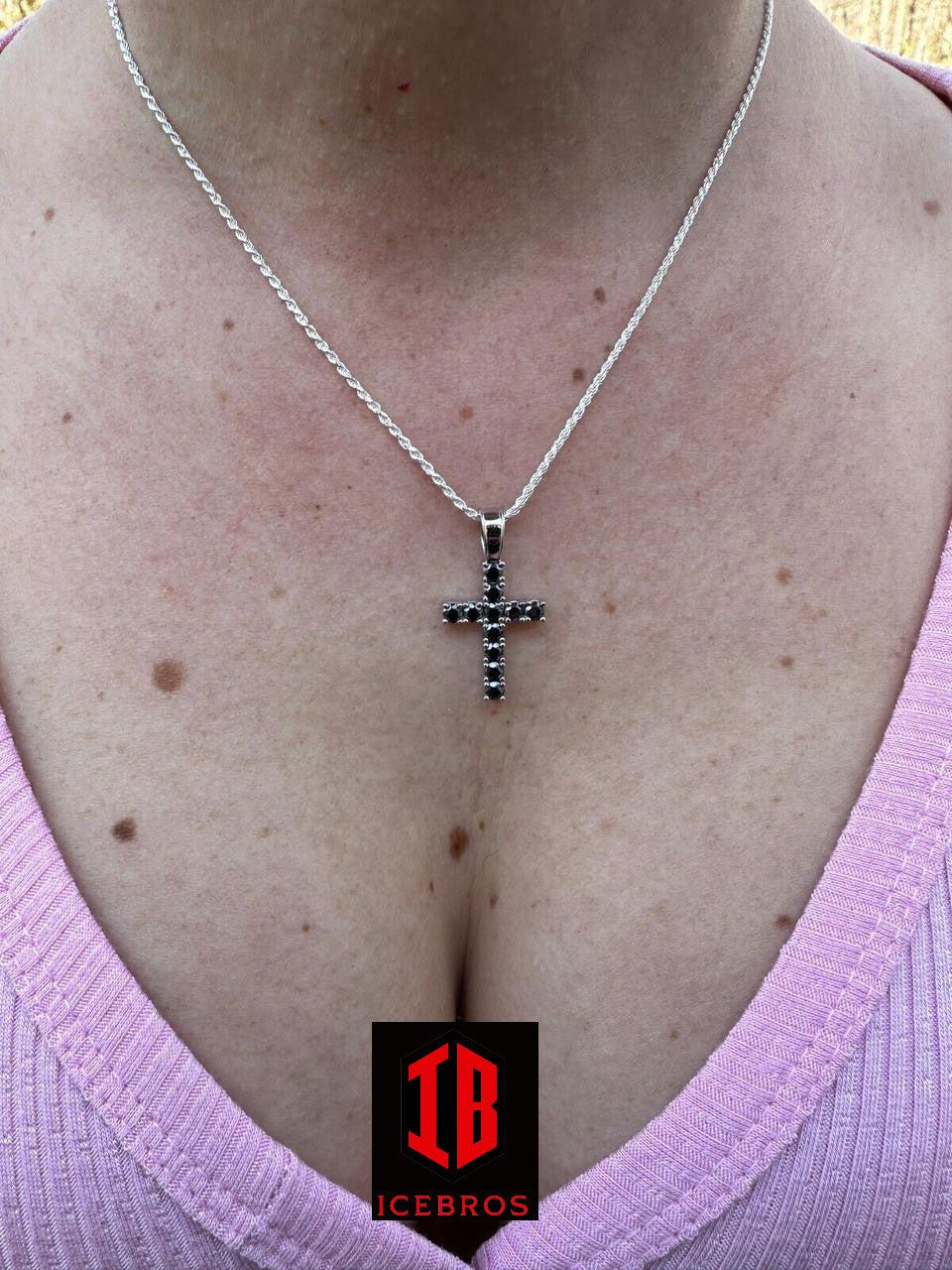 Black MOISSANITE Stone Fine 925 Silver Tennis Cross Iced Pendant Chain Hip-Hop (White Gold)