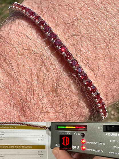 icebros Iced Ruby Red MOISSANITE 3mm Tennis Bracelet 925 Silver Pass Diamond Test (3mm-5mm)