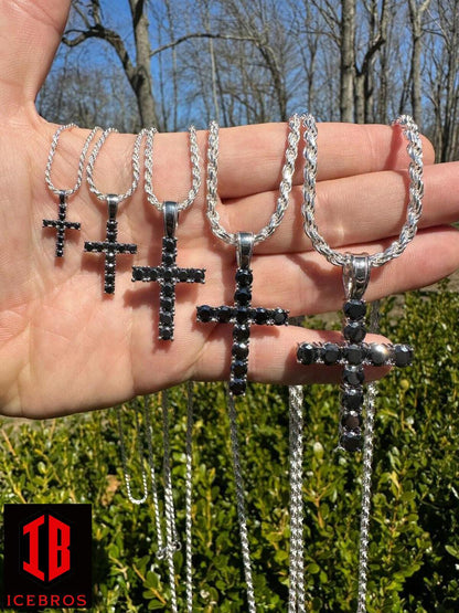 Black MOISSANITE Stone Fine 925 Silver Tennis Cross Iced Pendant Chain Hip-Hop (White Gold)