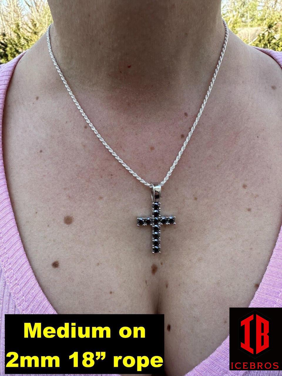 Black MOISSANITE Stone Fine 925 Silver Tennis Cross Iced Pendant Chain Hip-Hop (White Gold)