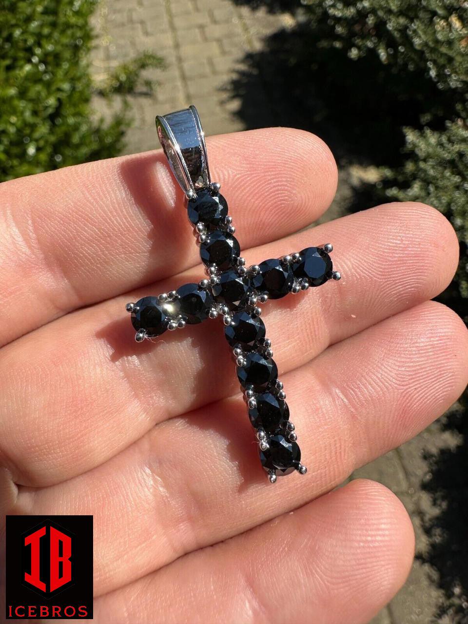 Black MOISSANITE Stone Fine 925 Silver Tennis Cross Iced Pendant Chain Hip-Hop (White Gold)