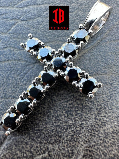 Black MOISSANITE Stone Fine 925 Silver Tennis Cross Iced Pendant Chain Hip-Hop (White Gold)