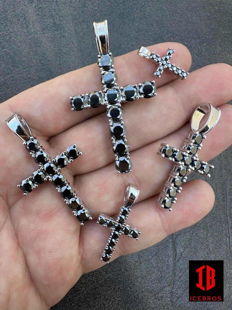 Black MOISSANITE Stone Fine 925 Silver Tennis Cross Iced Pendant Chain Hip-Hop (White Gold)