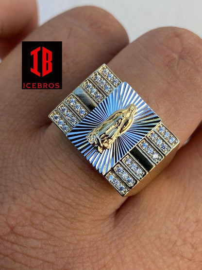 Men Hip Hop Solid 14k Yellow Gold Over Solid 925 Silver Virgin Mary Ring Iced(CZ)