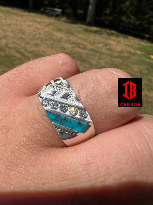 Real Solid 925 Silver Nugget Blue Turquoise Iced CZ Ring Hip Hop Pinky Anillo (CZ)