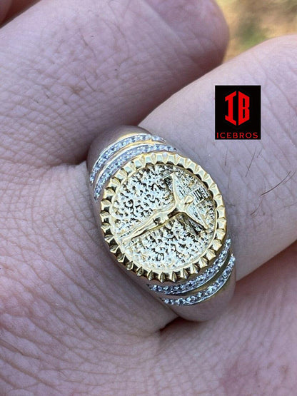 Men's 14k Yellow Gold Over Solid 925 Sterling Silver Coin Ring Jesus Cross Nugget (CZ)