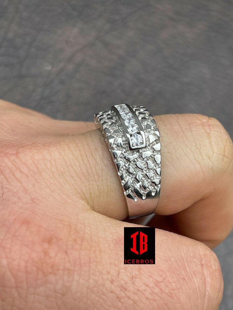 Men's Real Solid Sterling Silver Iced Diamond Nugget Ring Hip Hop Pinky Anillo (CZ)