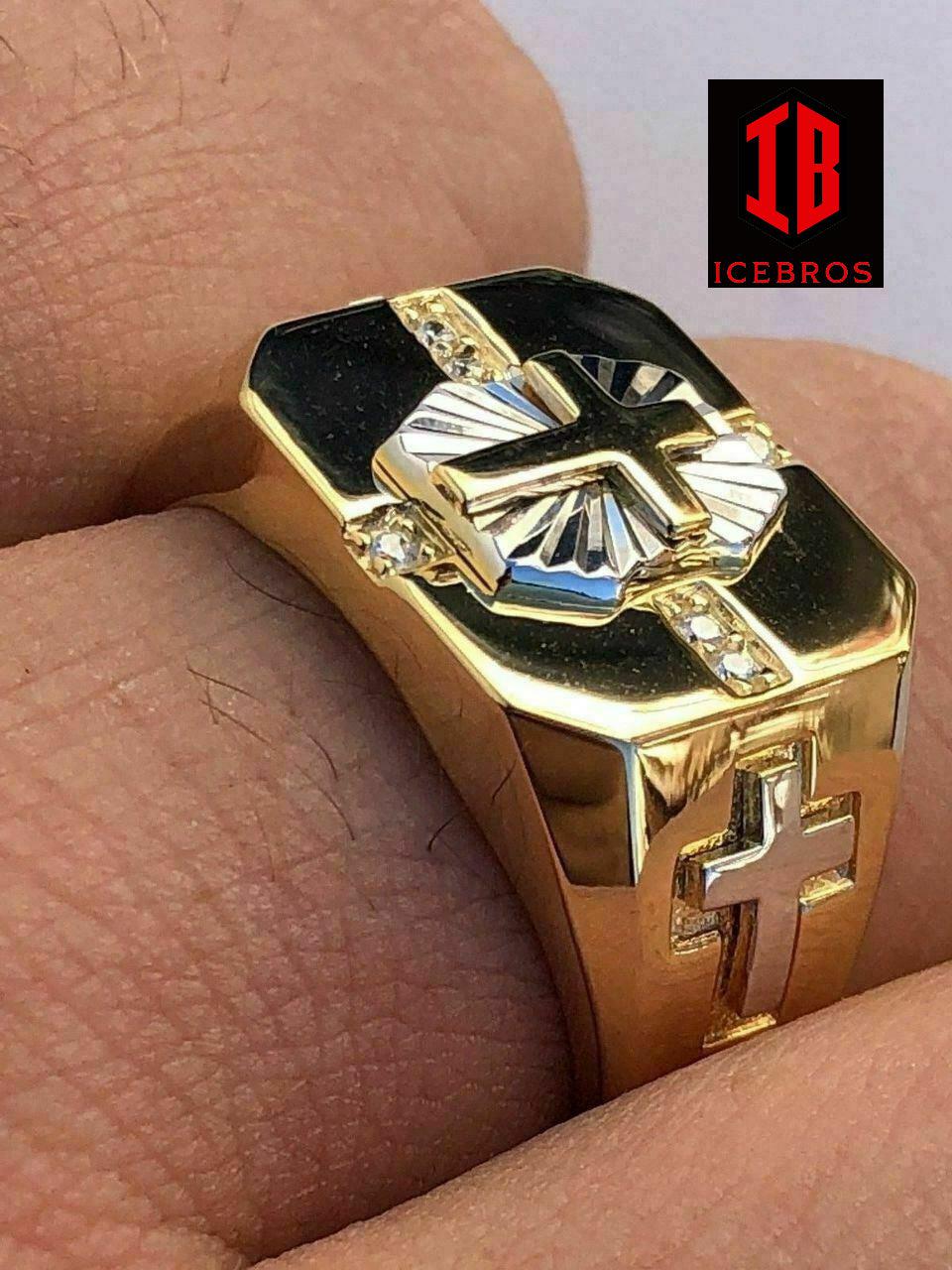 Mens 14k Gold Over Real Solid 925 Silver Cross Ring Size Pinky 7 8 9 10 11 12 13 (CZ)