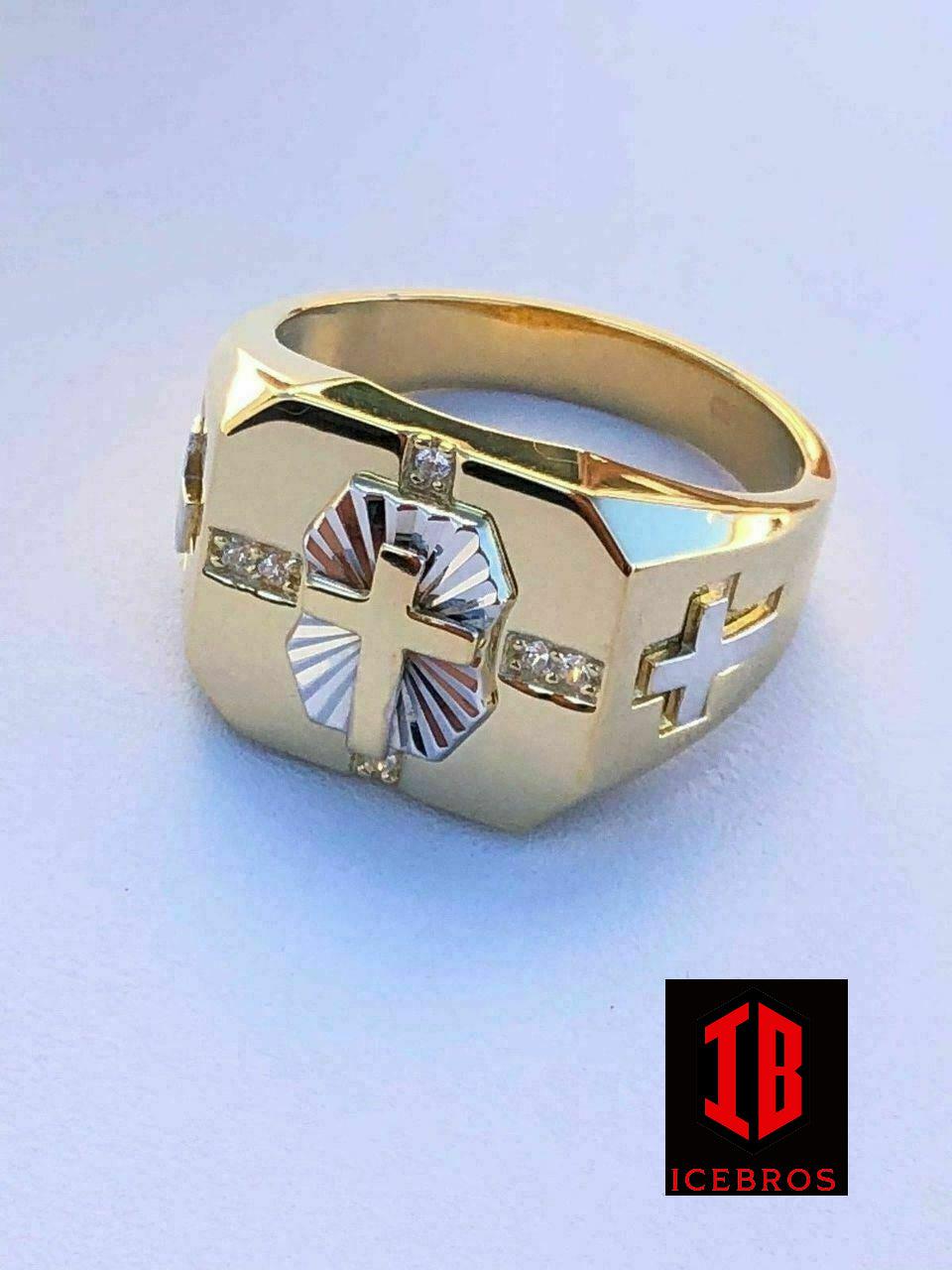 Mens 14k Gold Over Real Solid 925 Silver Cross Ring Size Pinky 7 8 9 10 11 12 13 (CZ)