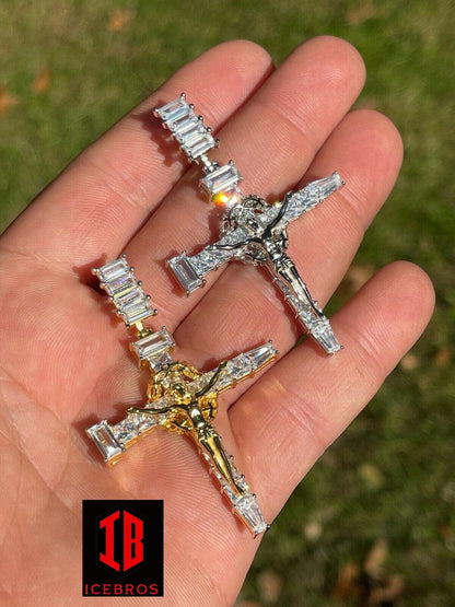 Men's 925 Vermeil Baguette Diamond Jesus On Nail Cross Pendant Iced Gold Crucifix (CZ)