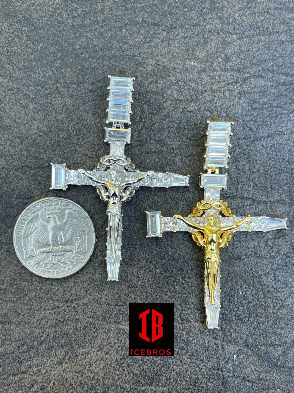 Men's 925 Vermeil Baguette Diamond Jesus On Nail Cross Pendant Iced Gold Crucifix (CZ)