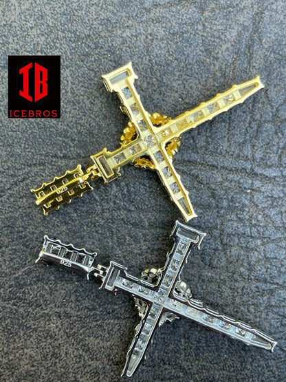 Men's 925 Vermeil Baguette Diamond Jesus On Nail Cross Pendant Iced Gold Crucifix (CZ)