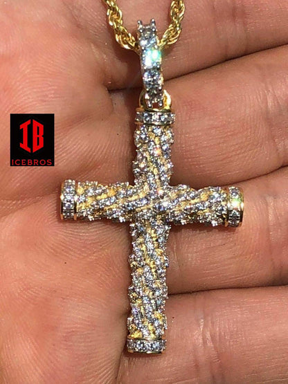 Braided Rope Cross 1ct CZ 1x2inch Pendant 14k Gold Solid 925 Silver (CZ)