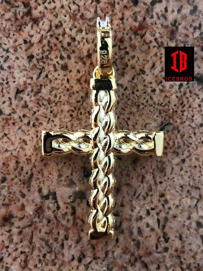 Braided Rope Cross 1ct CZ 1x2inch Pendant 14k Gold Solid 925 Silver (CZ)