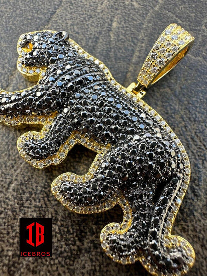 MOISSANITE 925 Silver Vermeil Iced Black Panther Jaguar Pendant Necklace