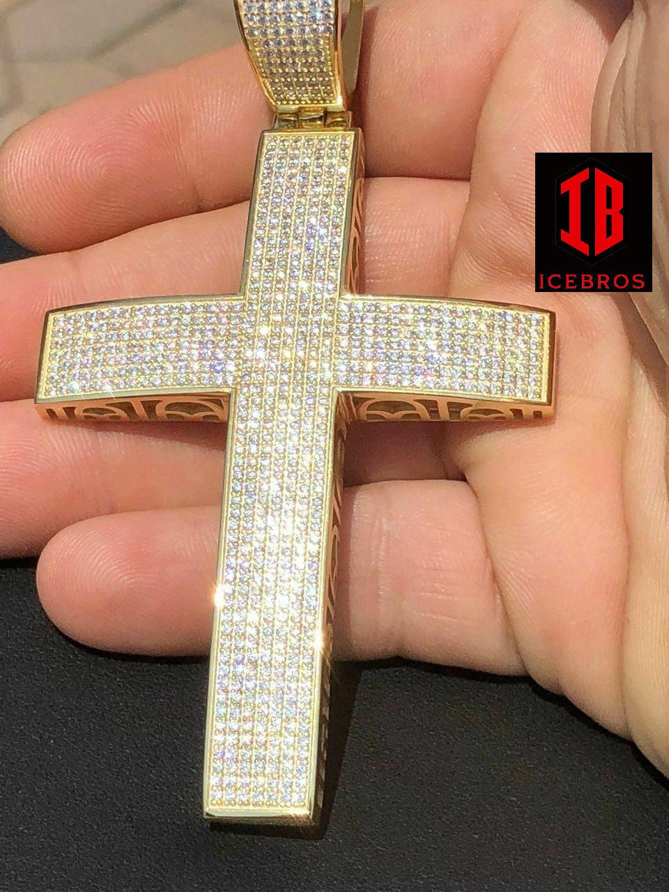 925 Sterling Silver Cross Pendant Real ICED 5ct 14k Gold Chain (CZ)