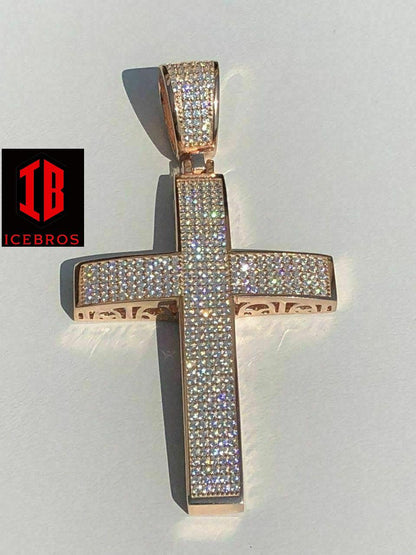 925 Sterling Silver Cross Pendant Real ICED 3ct 14k Gold Chain (CZ)