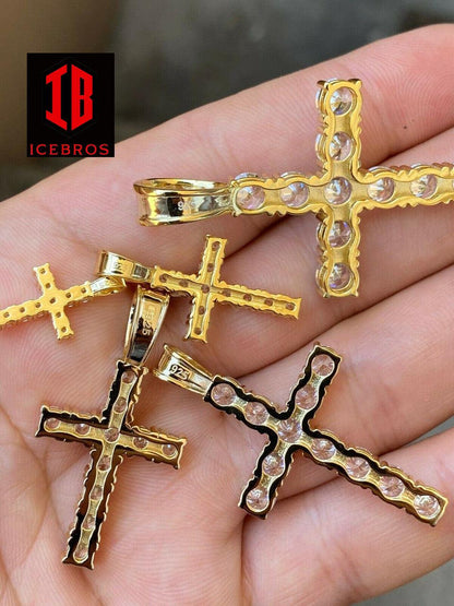 Ladies & Mens Diamond Cross Pendant Solid 925 Sterling Silver Iced Necklace (CZ)