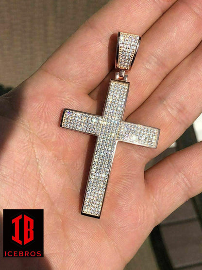 925 Sterling Silver Cross Pendant Real ICED 3ct 14k Gold Chain (CZ)