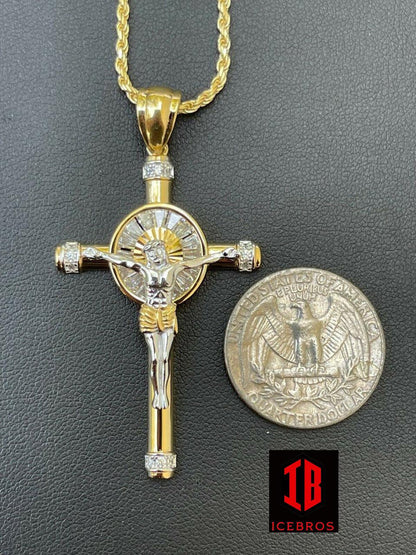 Vermeil 925 Silver Cross Jesus Pendant Yellow Gold Finish Iced Crucifix Necklace (CZ)