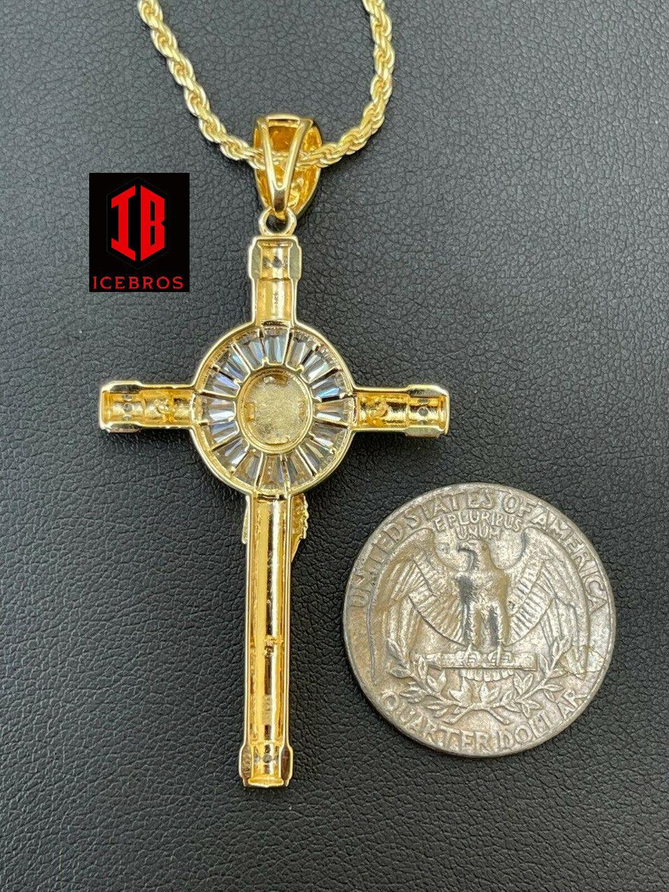 Vermeil 925 Silver Cross Jesus Pendant Yellow Gold Finish Iced Crucifix Necklace (CZ)