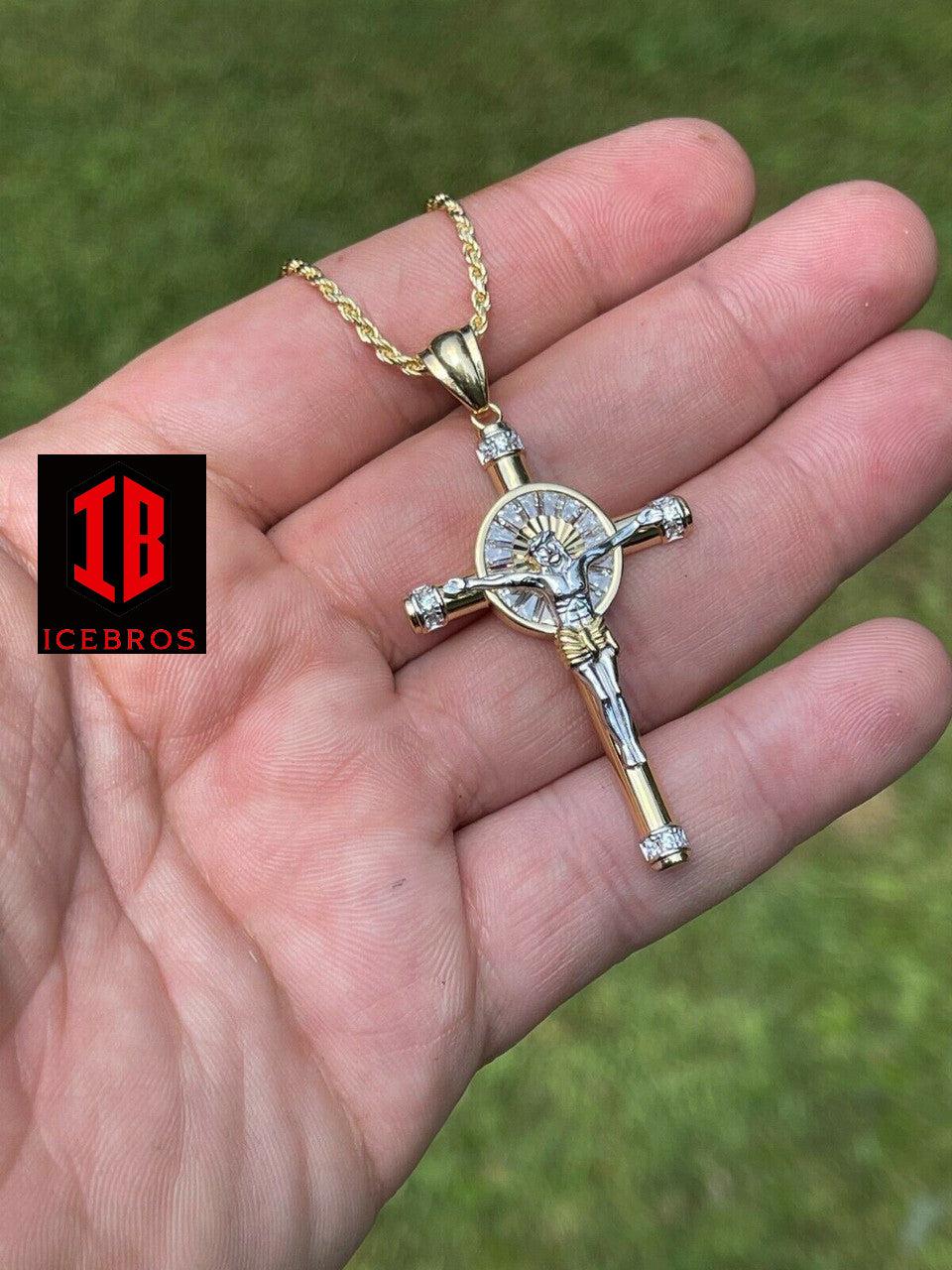 Vermeil 925 Silver Cross Jesus Pendant Yellow Gold Finish Iced Crucifix Necklace (CZ)