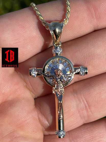 Vermeil 925 Silver Cross Jesus Pendant Yellow Gold Finish Iced Crucifix Necklace (CZ)