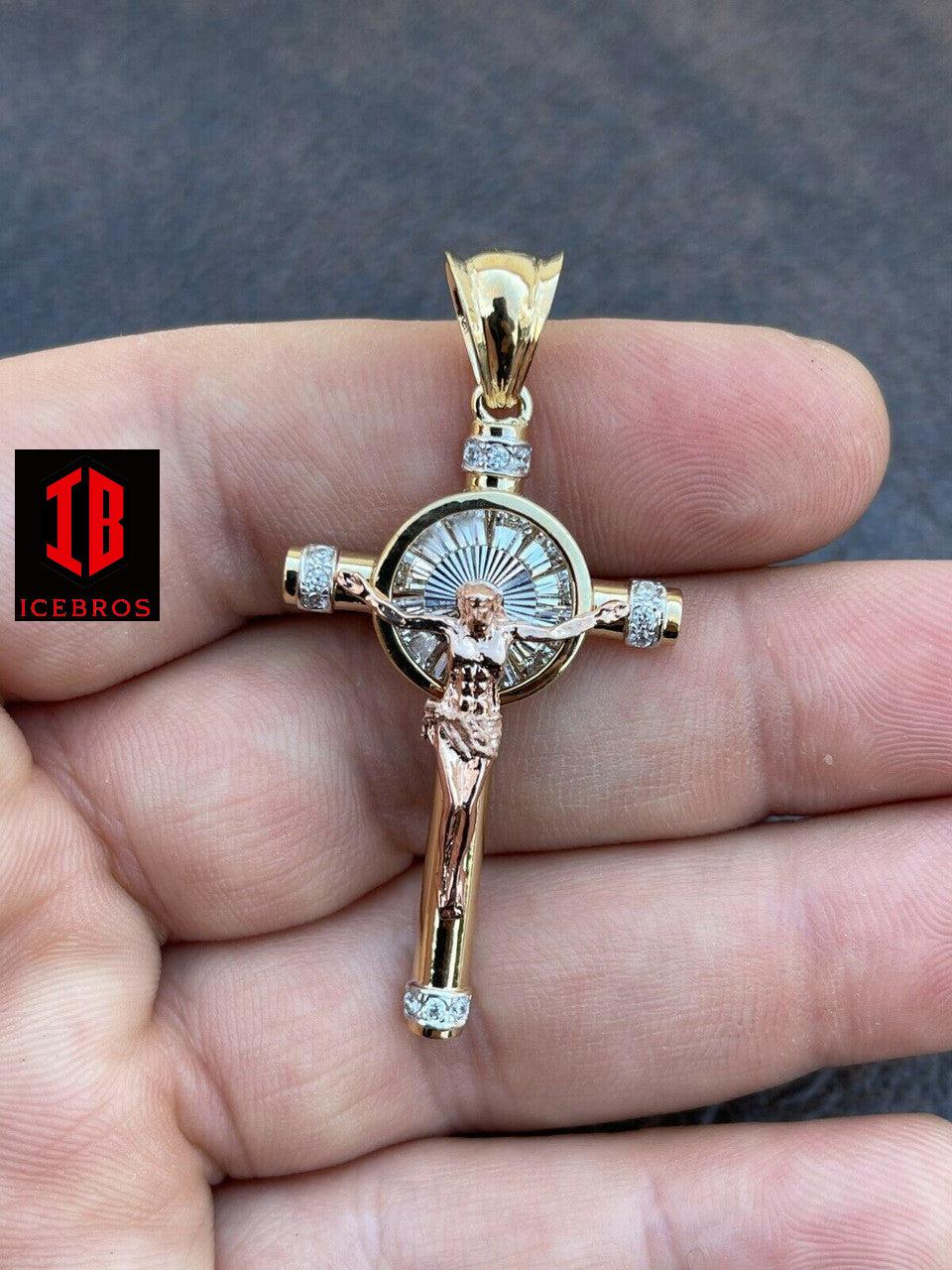 Vermeil 925 Silver Cross Jesus Pendant Yellow Gold Finish Iced Crucifix Necklace (CZ)