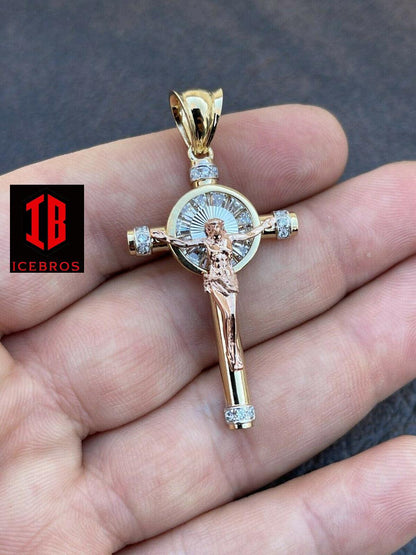 Vermeil 925 Silver Cross Jesus Pendant Yellow Gold Finish Iced Crucifix Necklace (CZ)