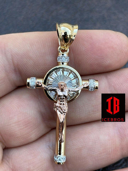 Vermeil 925 Silver Cross Jesus Pendant Yellow Gold Finish Iced Crucifix Necklace (CZ)