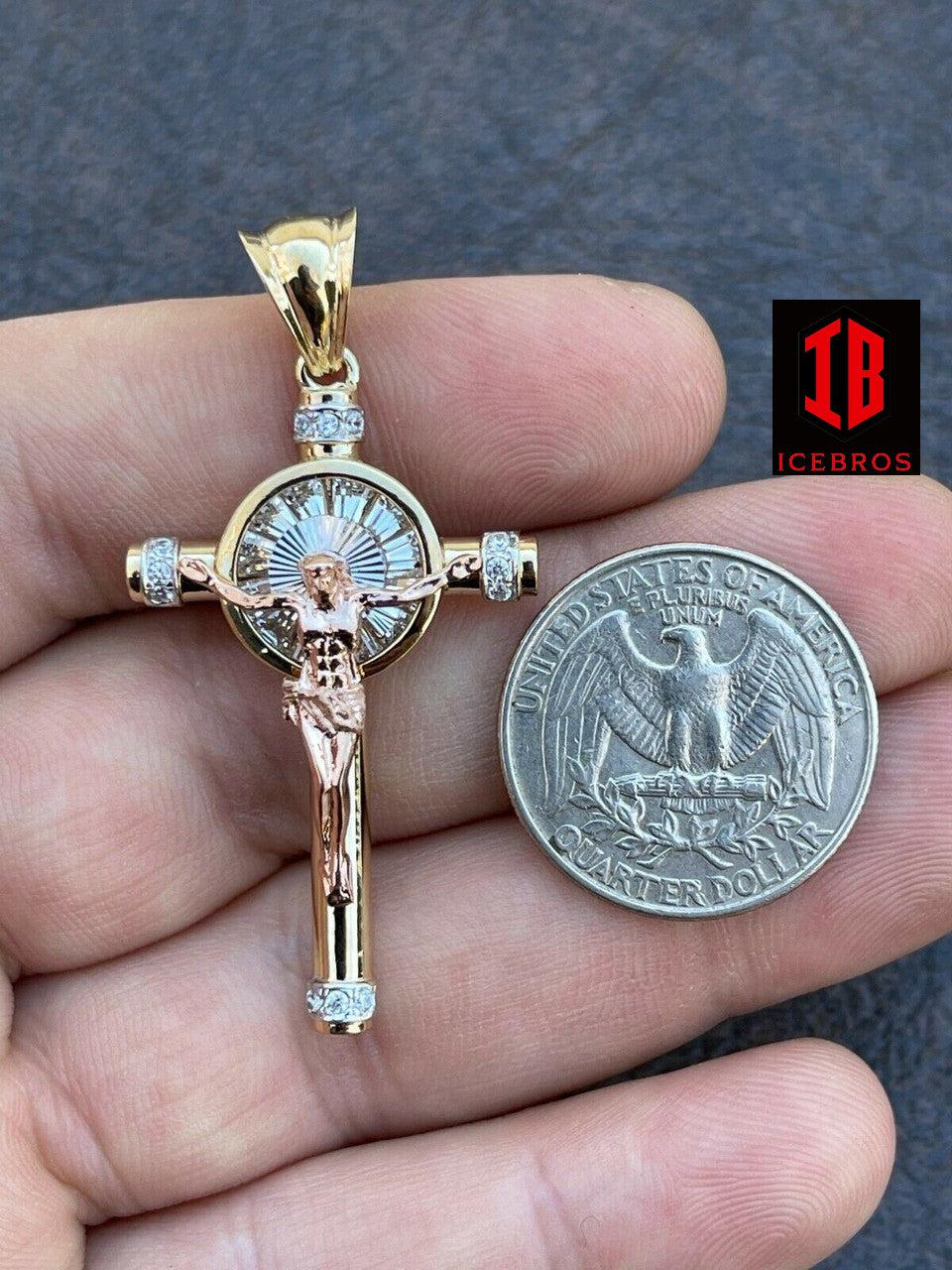 Vermeil 925 Silver Cross Jesus Pendant Yellow Gold Finish Iced Crucifix Necklace (CZ)